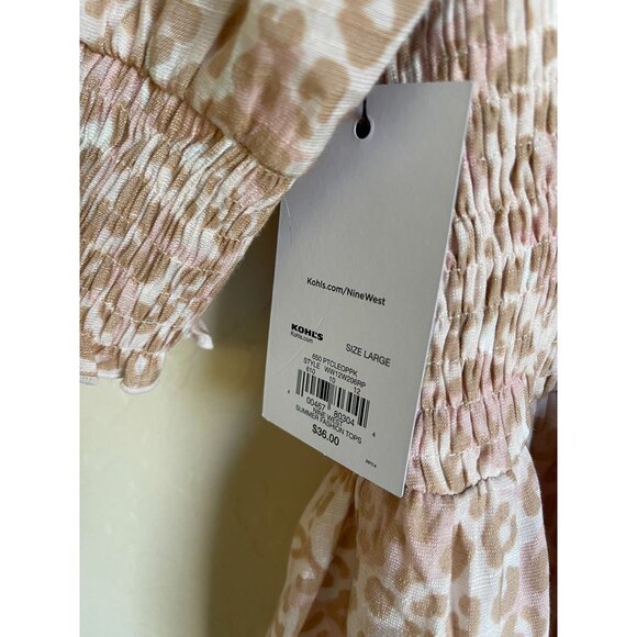 New! Nine West Size Large Smocked Peasant Top Leopard Animal Cheetah Print Short - Picture 8 of 8